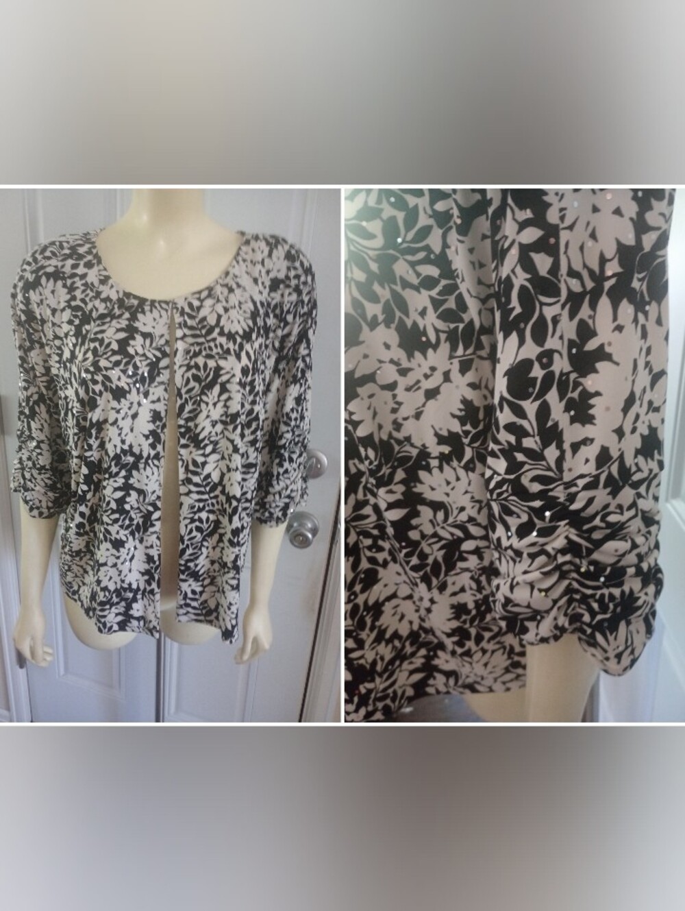 Cj Banks Floral Open Front Jacket 3/4 SLEEVES BOTANICAL PATTERN Sequin 18W